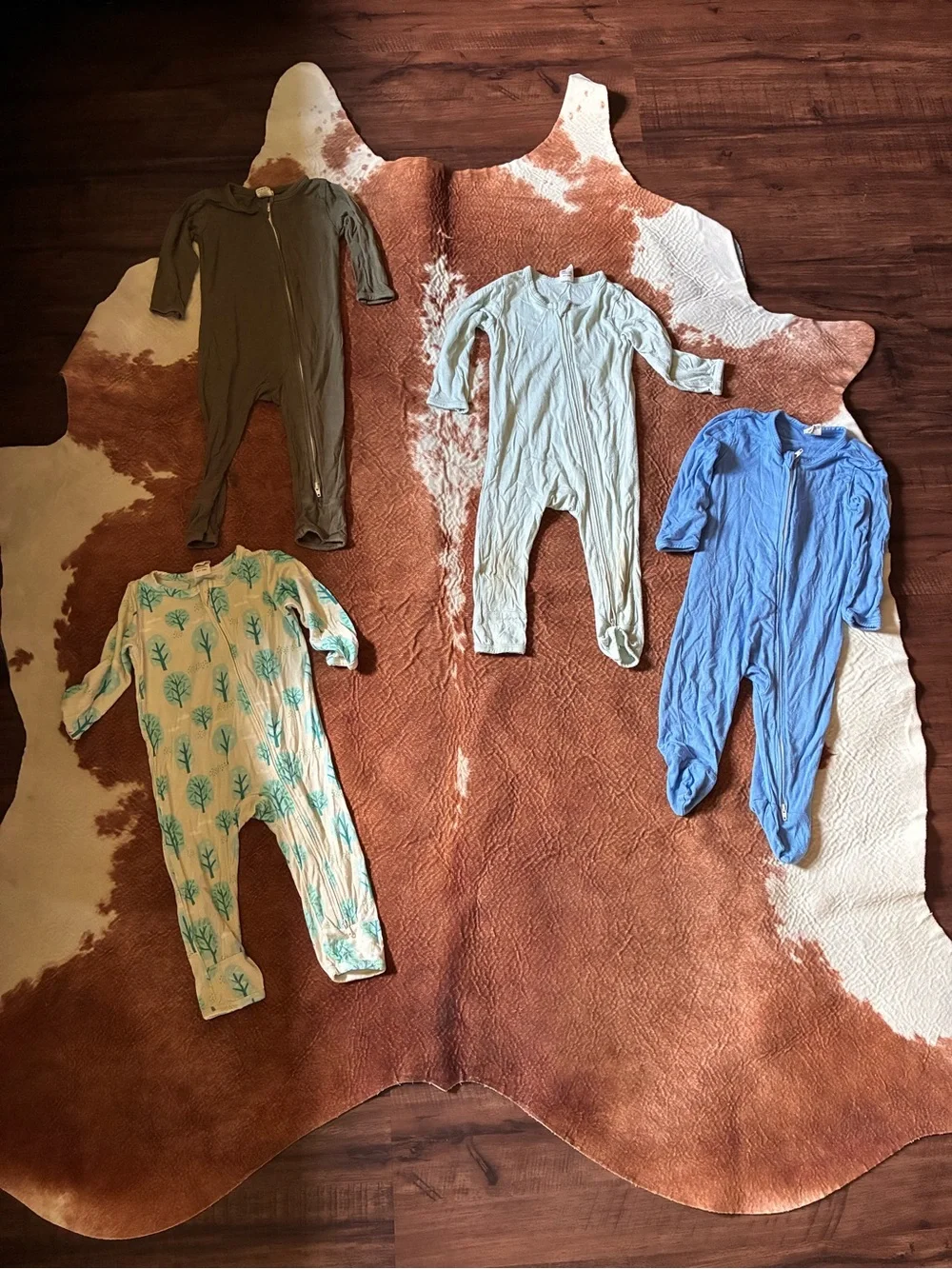 Kids One-Piece Footed Pajama - Blue, Olive, Light Blue, Cream with Teal Print